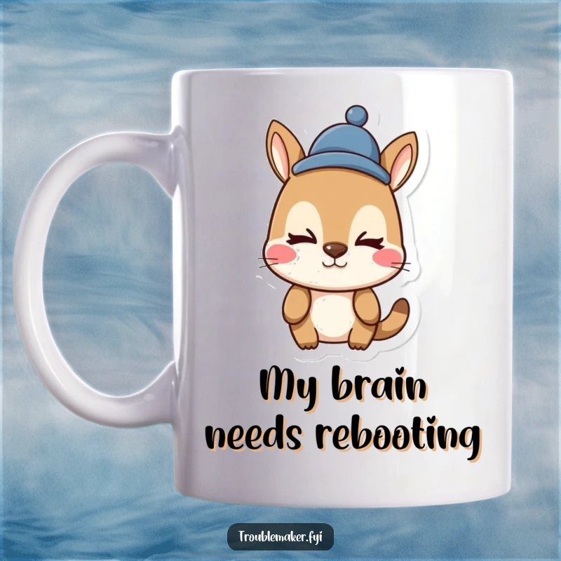 Funny animal character mug wearing a silly hat, making an outrageous face, expressing pure comical joy and a touch of mischief.