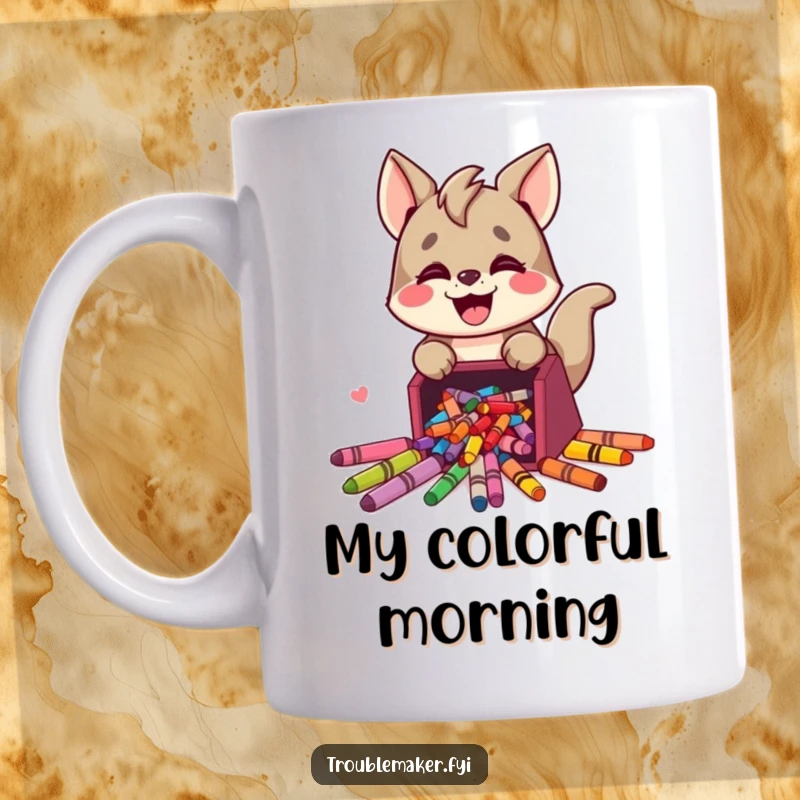 Funny mug showing a cute trouble maker animal character gleefully spilling a box of vibrant, colorful crayons, creating a joyful mess.