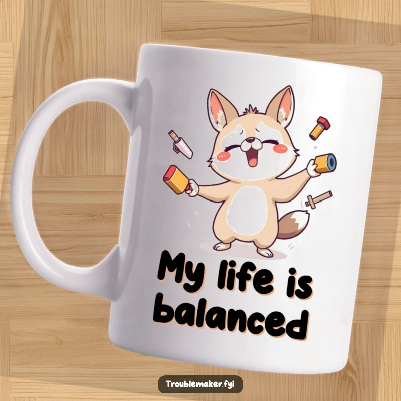 Funny mug showing a mischievous animal character comically failing to juggle several wobbly objects, looking stressed yet determined.