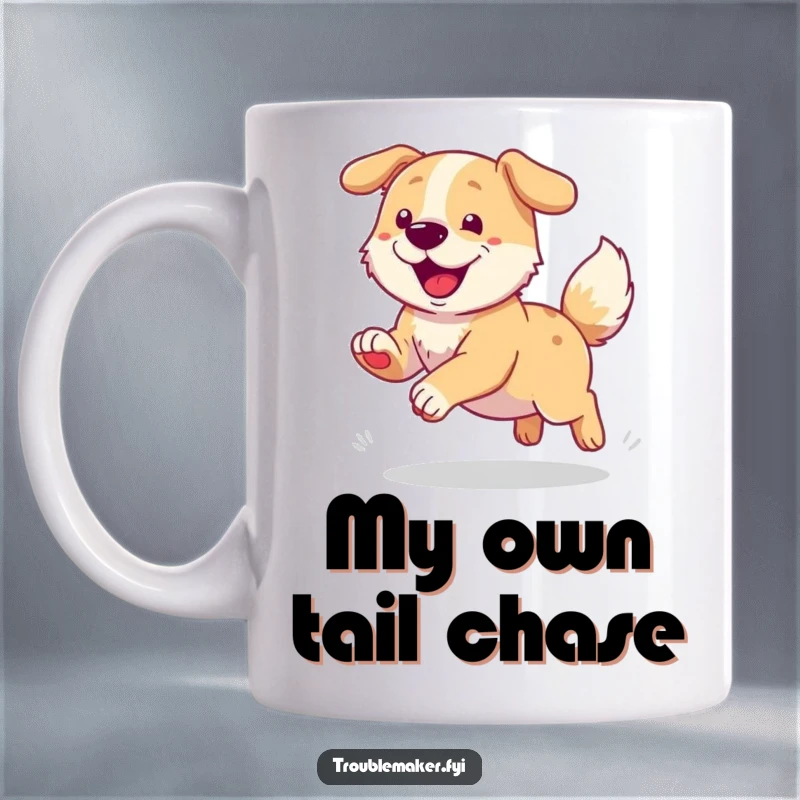 Funny mug illustration of a dog joyfully chasing its tail in circles, radiating pure happiness and energetic fun.