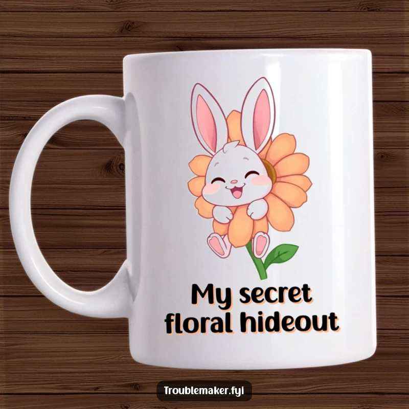 Funny mug with a giggling bunny character peeking playfully from behind a huge, vibrant flower, celebrating joy and whimsy.