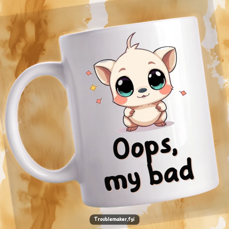 Funny mug featuring a small creature with wide, curious eyes playfully causing mild chaos, perfect for lovers of adorable mischief.