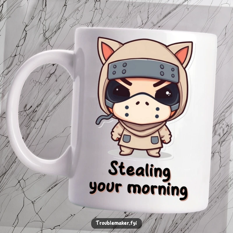 Funny mug shows a troublemaker in a tiny bandit mask winking, radiating playful mischief and charm.