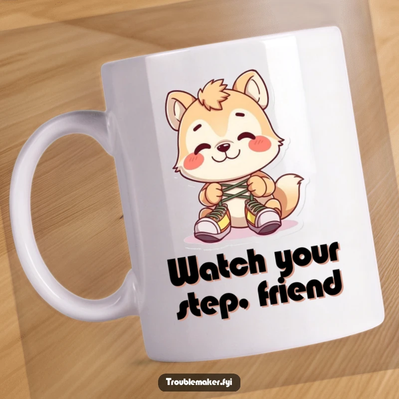 Funny animal character tying shoelaces together with a mischievous grin, perfect for a prankster's mug.