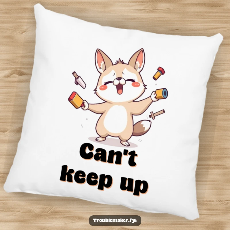Funny pillow showing a stressed yet amusing animal character trying to juggle multiple unstable objects, offering comfort and laughs.