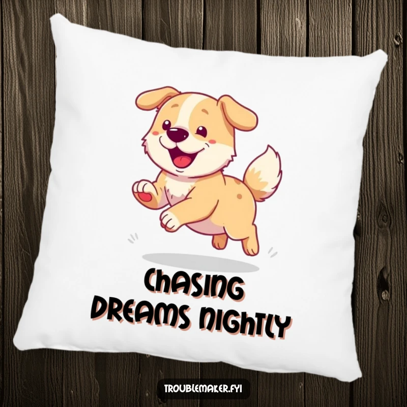 Funny decorative pillow with a dog joyfully chasing its tail, designed to add comfort and playful canine humor.