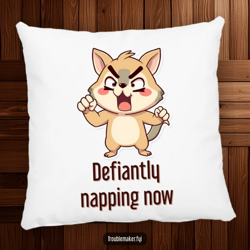 Funny animal character pillow, striking an exaggerated pose of mock defiance, offering soft, humorous comfort.