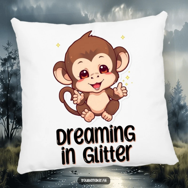 Funny Sparkle Monkey Pillow showing a mischievous monkey with sparkles falling from its hands, offering magical comfort, ideal funny gift.