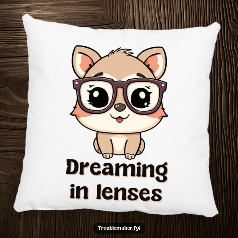 Funny playful animal character wearing oversized glasses and winking, printed on a comfortable decorative pillow.