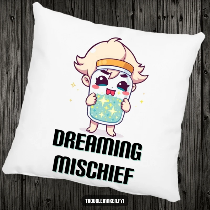Funny Pillow featuring a troublemaker character holding a jar of sparkling mischief, offering comfort and a touch of playful glitter.