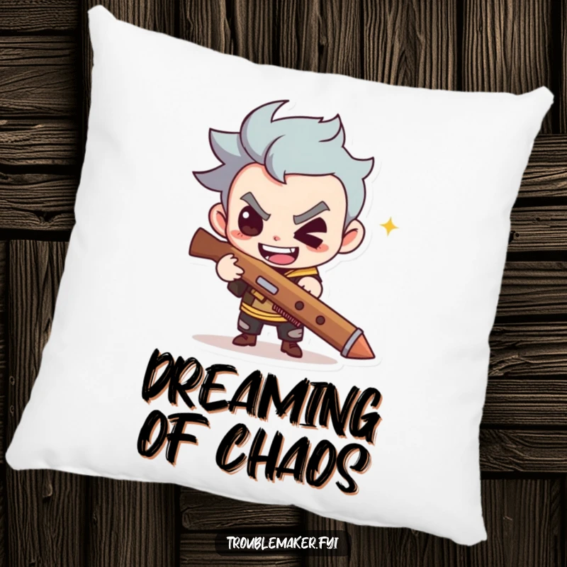 Funny pillow features a cute troublemaker with a mischievous grin holding a slingshot, offering comfort and playful humor.