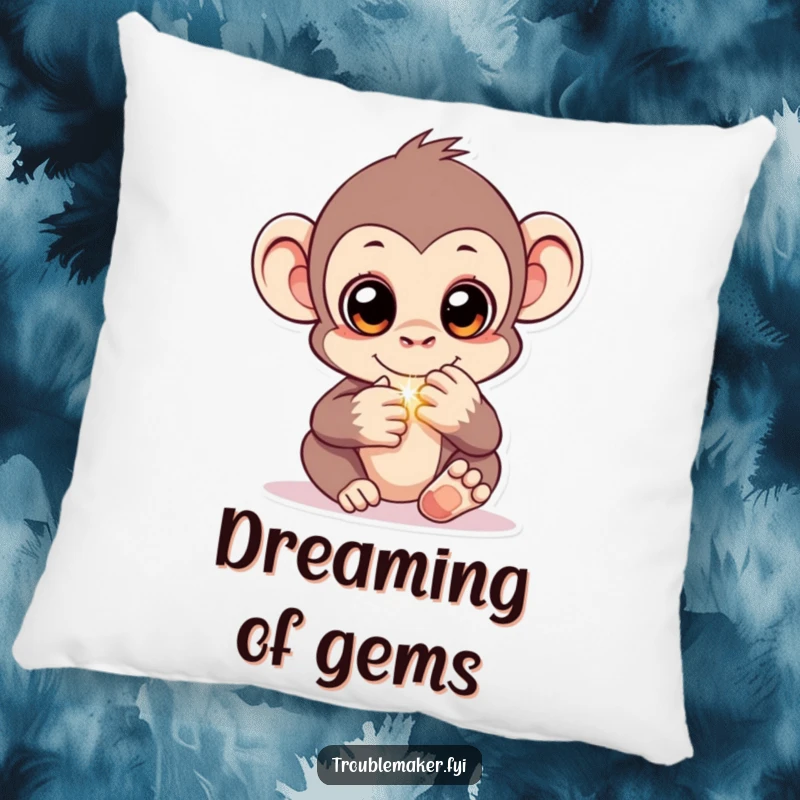 Funny pillow featuring a monkey character with sparkling eyes, cleverly hiding a shiny object, offering humorous comfort and a touch of mystery.