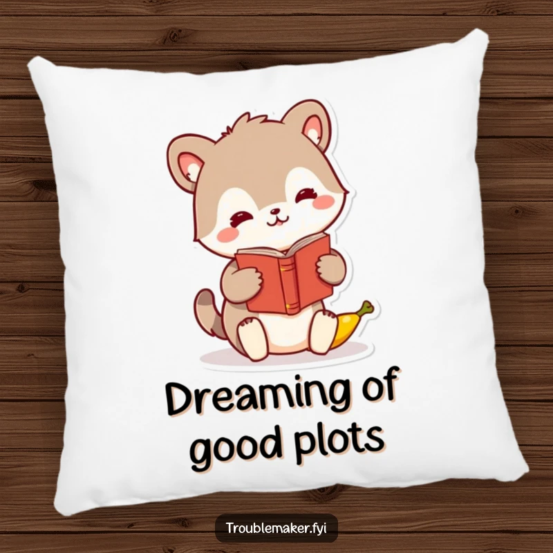Funny animal character pillow, humorously swapping a book for a banana, offering soft, comical comfort.