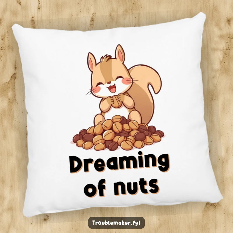 Funny pillow featuring a squirrel gleefully hoarding nuts, adding a touch of playful abundance and comfort to any room.