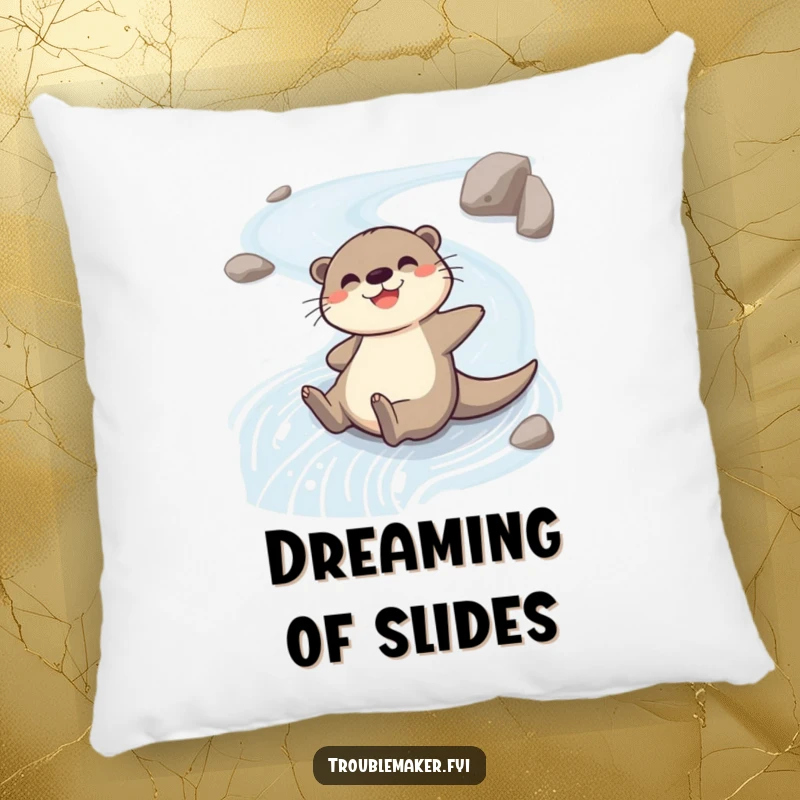 Funny pillow with a cheerful otter character sliding down a riverbank, offering comfort and a splash of pure joy.