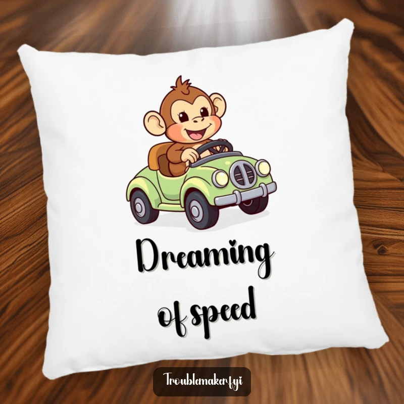 Funny pillow featuring a monkey character joyfully riding a runaway toy car, offering humorous comfort and a sense of thrilling adventure.