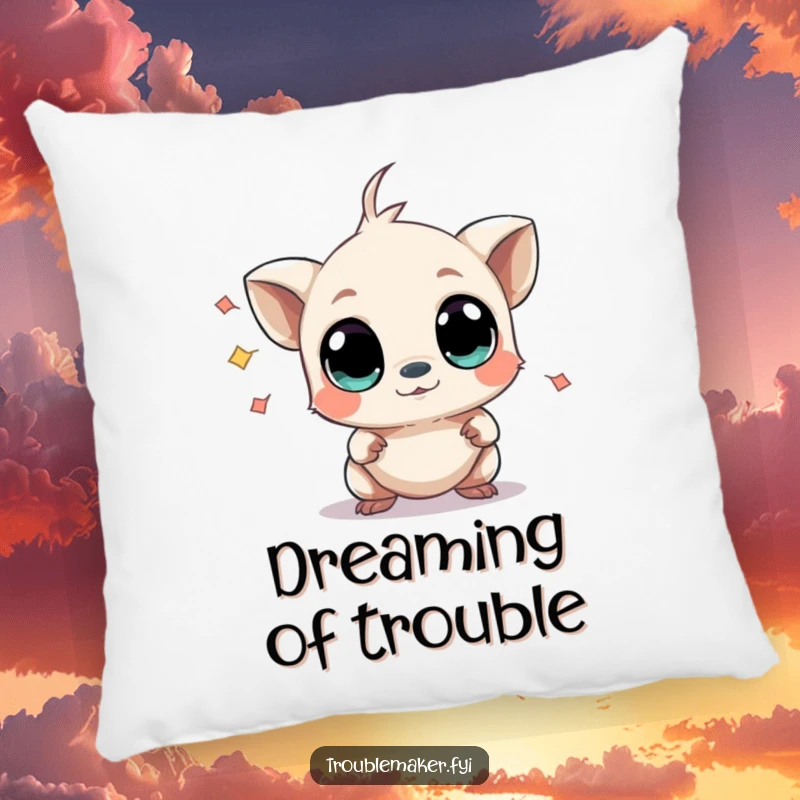 Funny pillow featuring a small creature with wide, curious eyes causing mild chaos, offering a soft and humorous touch to any seating area.