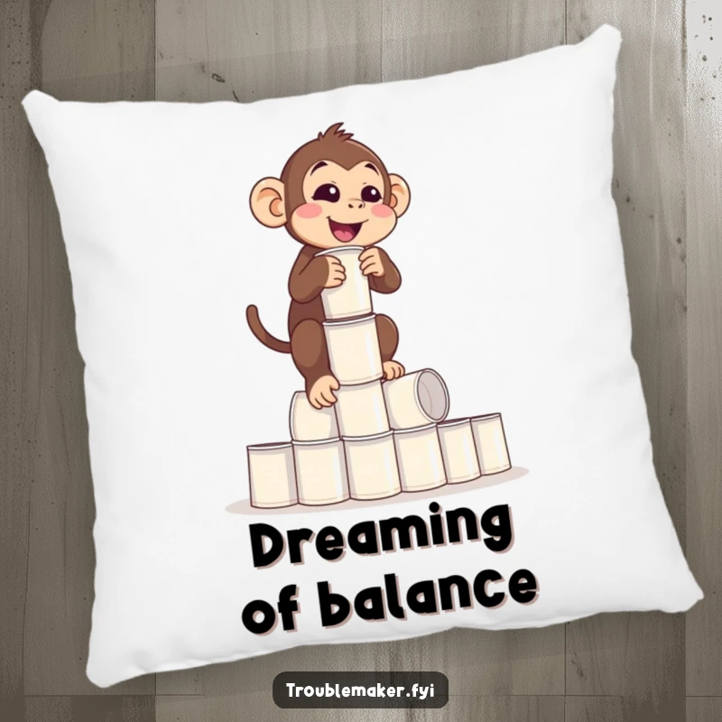 Funny Balance Monkey Pillow showing a monkey balancing a tower of empty cups precariously, offering cozy and funny comfort, ideal funny gift.