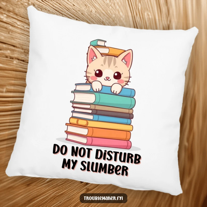 Funny cat pillow featuring a mischievous cat peeking over a stack of books, offering comfortable and humorous literary-themed decor.