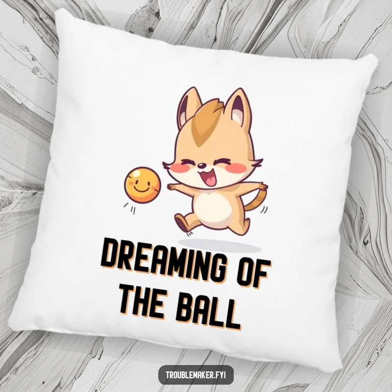 Funny Pillow design featuring a trouble maker animal character playfully chasing a bouncing, smiling ball, adding a cheerful touch.