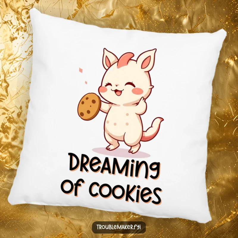 Funny pillow design of a creature doing a funny dance while holding a stolen cookie, a humorous depiction of pure dessert delight.