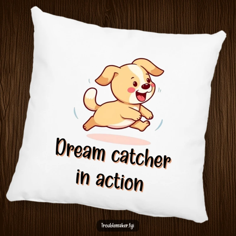 Funny dog pillow featuring a playful dog chasing its tail, offering comfortable and humorous decor for dog lovers.