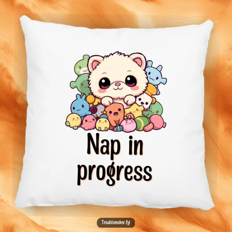 Funny pillow with a fuzzy creature peeking out from a pile of toys, offering a soft, cute, and humorous addition to any cozy space.