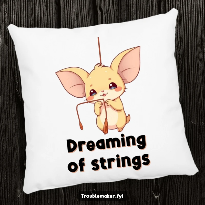 Funny throw pillow featuring a creature with large ears playfully batting at a dangling string, ideal for cozy moments.