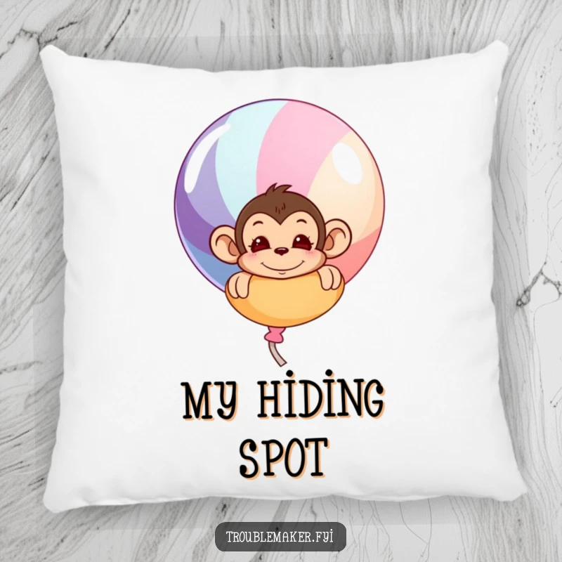 Funny pillow showcasing a mischievous monkey peeking from behind a big, colorful balloon, adding a playful and whimsical touch.