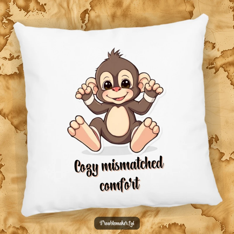 Funny pillow featuring a monkey character playfully wearing oversized, mismatched socks, offering humorous comfort and a touch of quirky style.