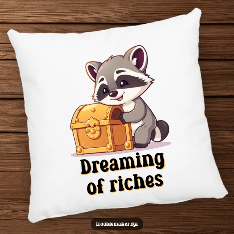Funny raccoon pillow featuring a cheeky raccoon picking a treasure chest lock, offering comfortable and humorous decor.