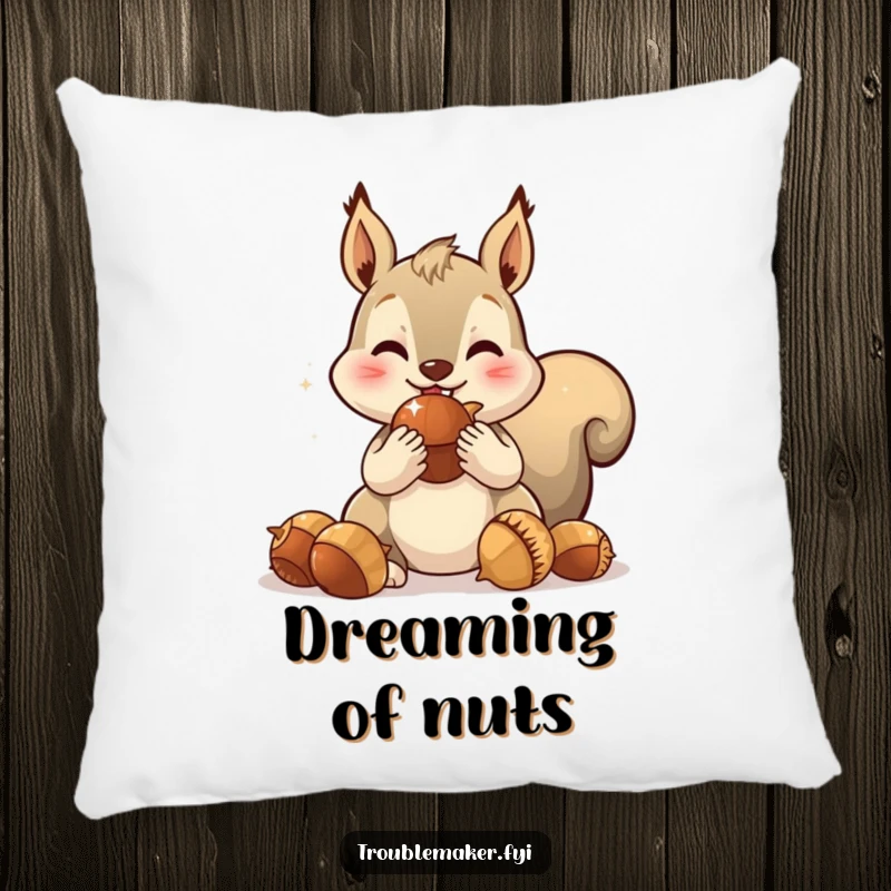 Funny pillow depicting a spirited squirrel character with bulging cheeks, packed with sparkling acorns, offering comfort and humor.