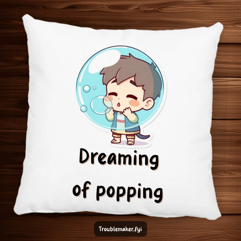Funny troublemaker character blowing a huge bubble that's about to pop, featured on a soft pillow, adding humorous comfort and explosive fun.