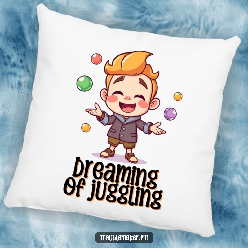 Funny troublemaker character joyfully juggling colorful marbles, featured on a soft pillow, adding humorous comfort and a splash of vibrant playfulness.
