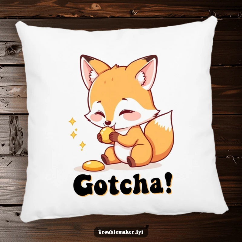 Funny pillow featuring a playful fox artfully snatching a shiny object, offering comfort and a touch of sly humor.