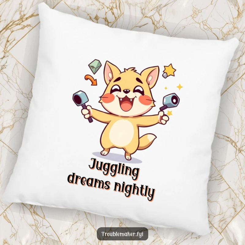 Funny Pillow design featuring a trouble maker animal character juggling multiple shiny items, adding a whimsical and humorous element.