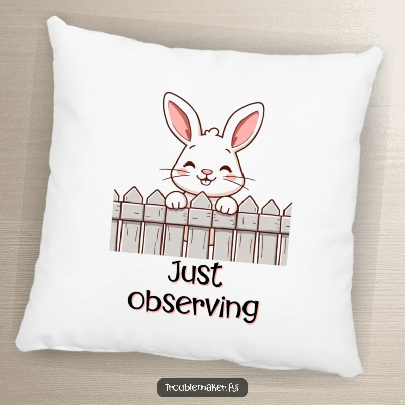 Funny pillow featuring a cute rabbit with a large, cheeky grin peeking over a fence, providing comfort and humor.
