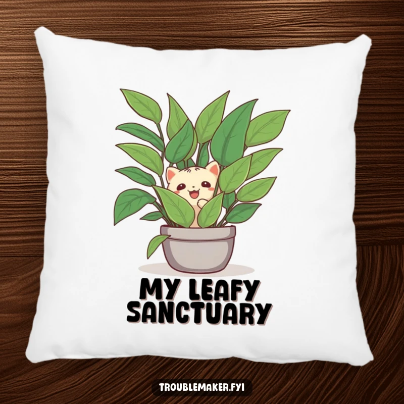 Funny pillow design of a creature playfully hiding behind a large houseplant, a humorous depiction of finding joy in quiet spaces.