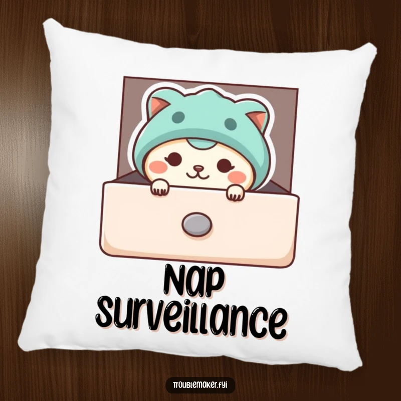 Funny pillow showing a mischievous animal character peeking from a slightly open drawer, offering comfort and a hint of playful humor.