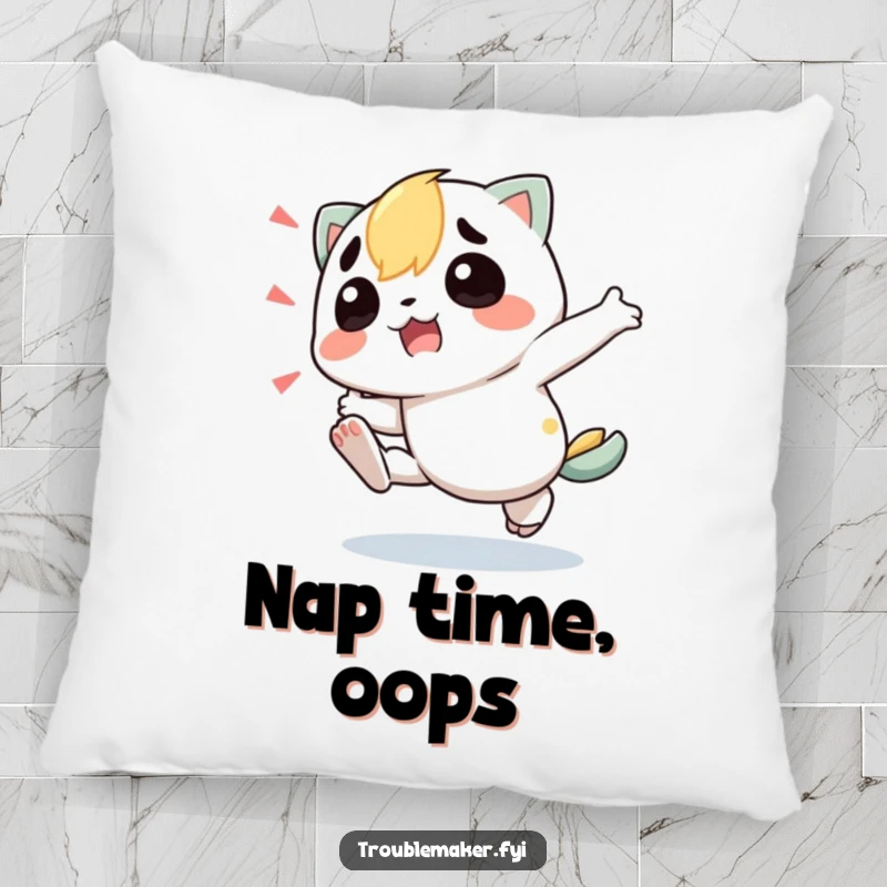 Funny Pillow featuring a troublemaker character playfully tripping, offering a soft and humorous addition to any cozy space.