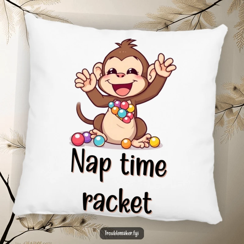 Funny pillow featuring a monkey character gleefully shaking a bag of marbles, offering a soft, humorous touch to any room.