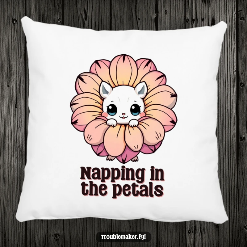 Funny throw pillow featuring a creature with expressive eyes hiding behind a giant, colorful flower, ideal for cozy moments.