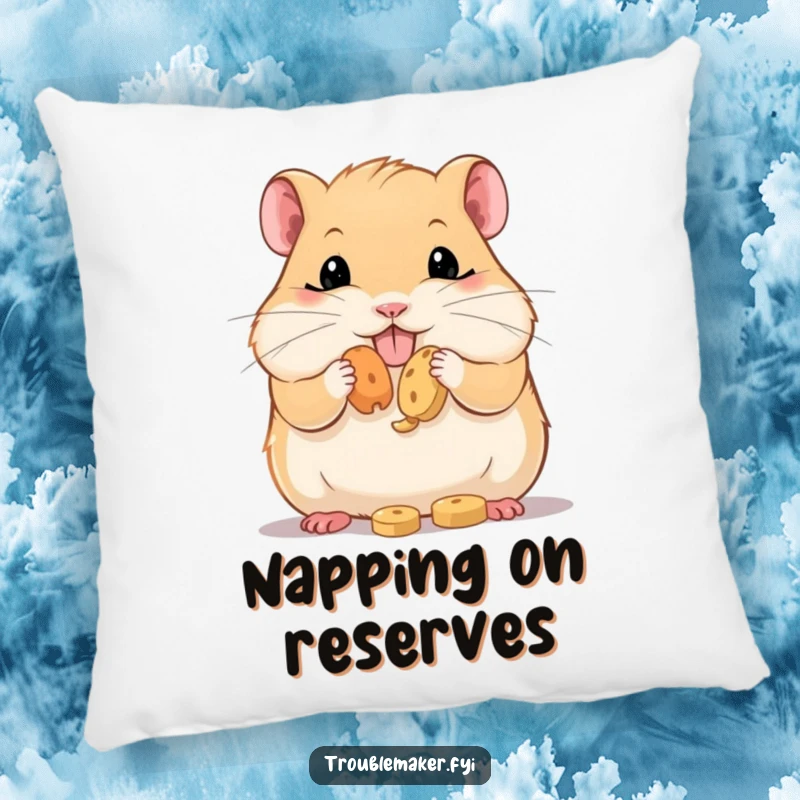 Funny Pillow design showcasing a round, contented hamster with massively stuffed cheeks, adding a touch of adorable snack-themed humor to any room.