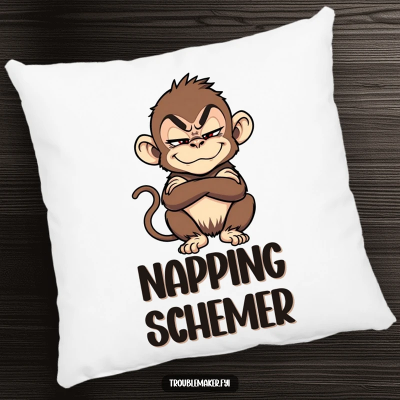 Funny troublemaker monkey with a sly grin and crossed arms, featured on a comfortable throw pillow.