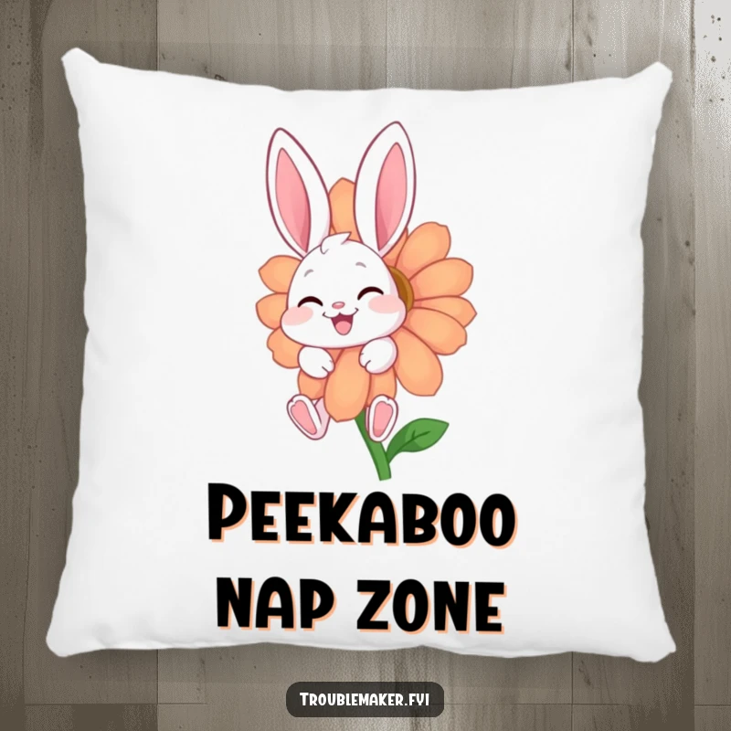 Funny pillow with a giggling bunny character peeking from behind a beautiful flower, providing comfort and a touch of humor.