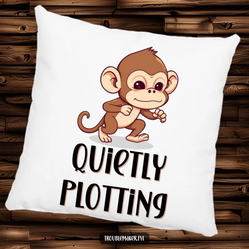 Funny Troublemaker Monkey Pillow showing a monkey tiptoeing with exaggerated stealth, offering cozy mischief, ideal funny gift.