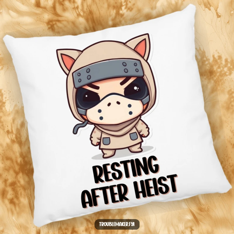 Funny pillow features a troublemaker in a tiny bandit mask winking, offering comfort and playful mischief.