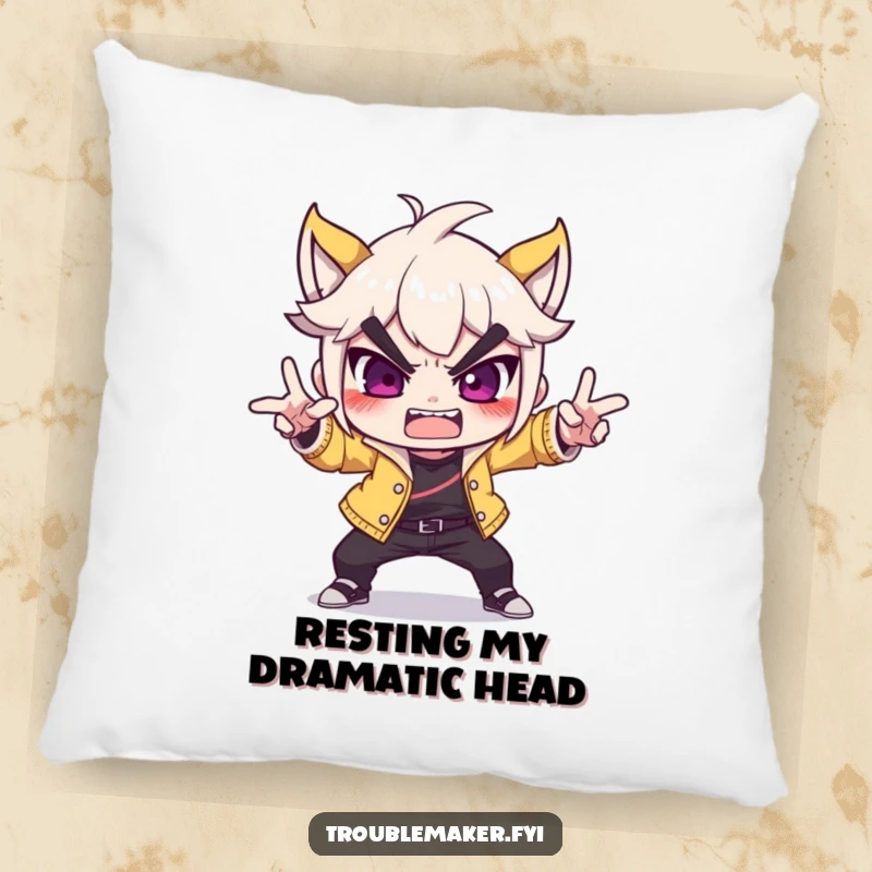 Funny troublemaker character striking a dramatic, over-the-top pose on a pillow, offering comfort with a side of hilarious drama.