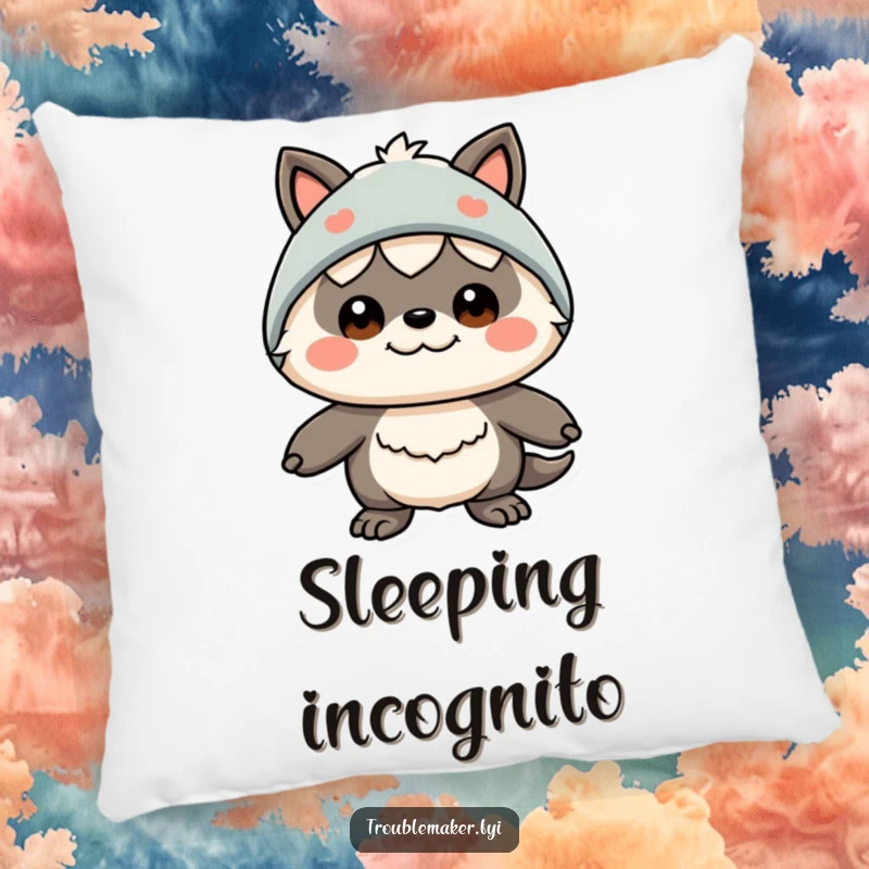 Funny pillow with a creature wearing a silly disguise and a funny expression, offering a soft, humorous, and visually amusing touch.