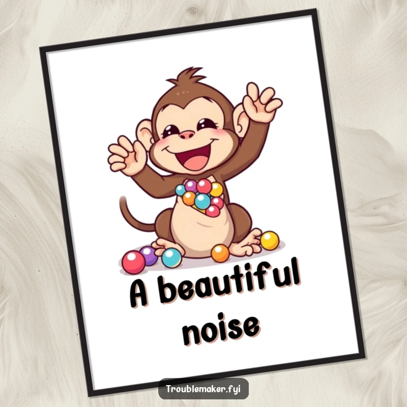 Funny digital art print of a monkey gleefully shaking a bag of marbles, embodying pure, uninhibited primate joy and playful energy.